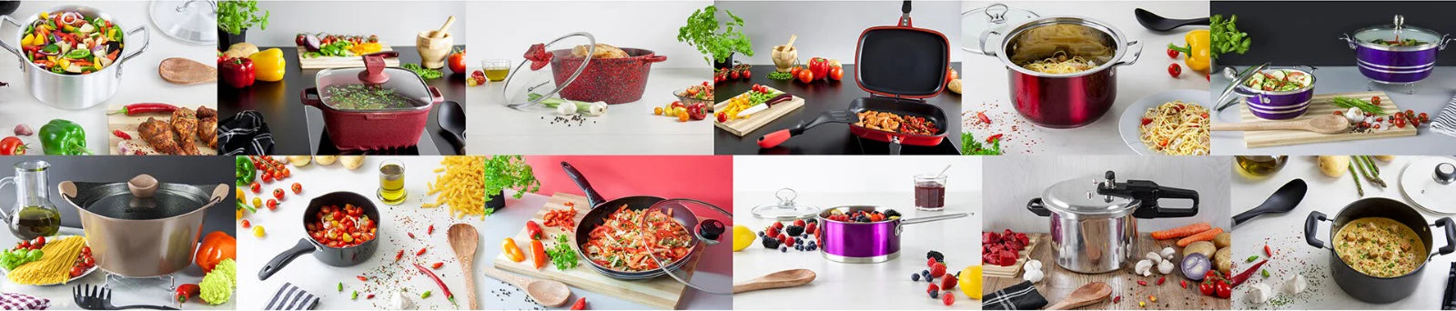 Collage of various kitchen cookware and utensils with food.