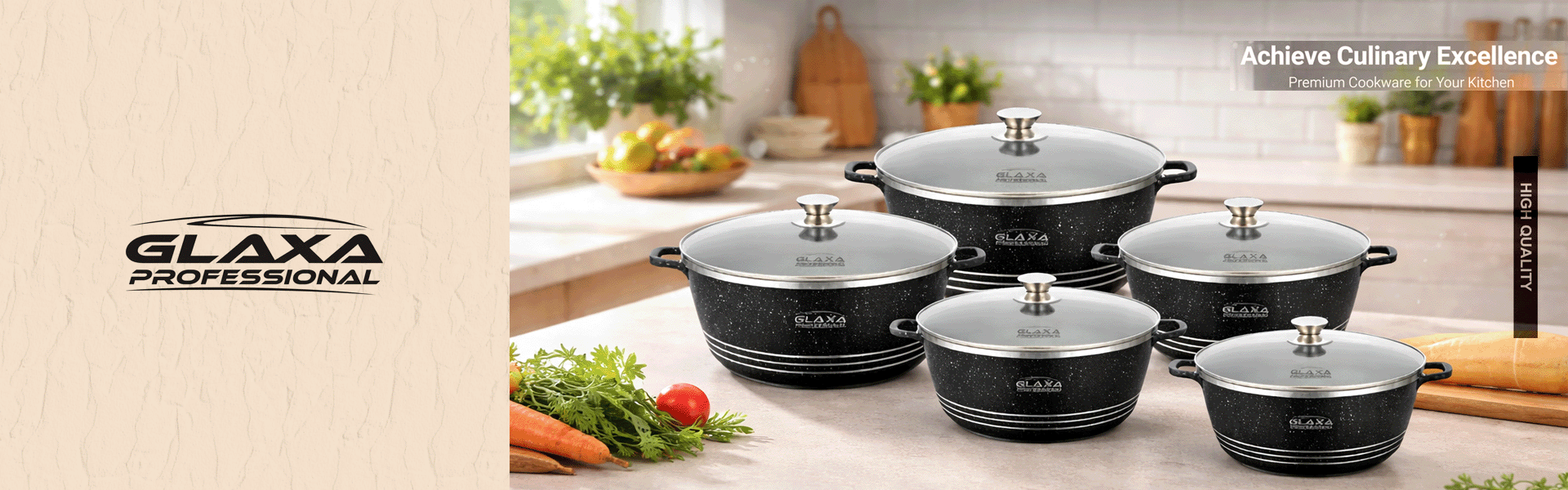 Set of Glaxa professional cookware on a kitchen counter with vegetables and a kitchen background.