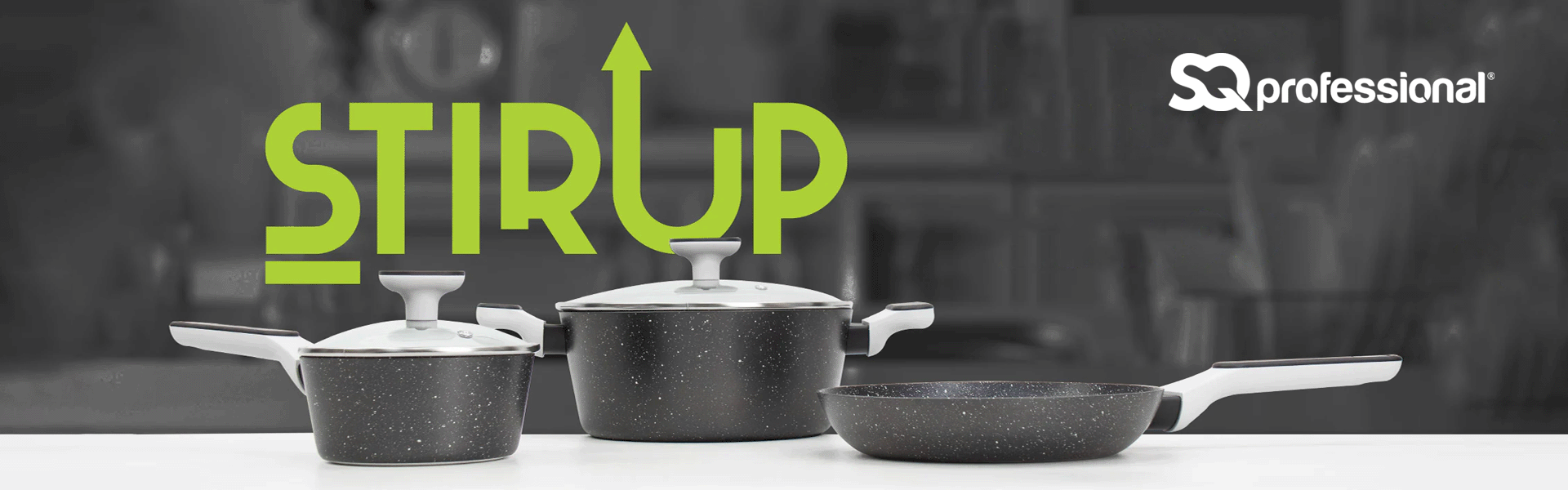 Stirrup cookware set with SQ Professional logo on a blurred background