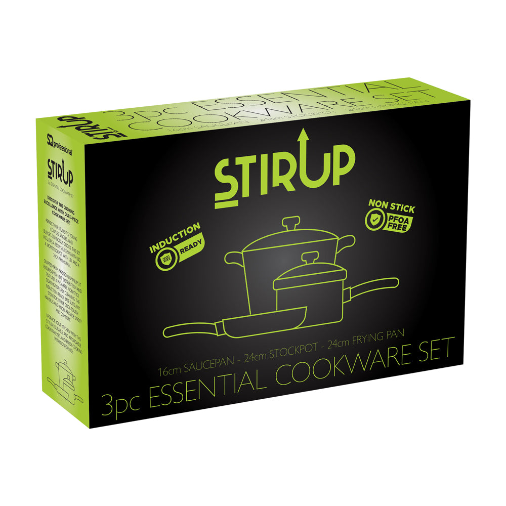 Box of Stir Up 3pc Essential Cookware Set with green and black design