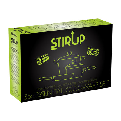 Box of Stir Up 3pc Essential Cookware Set with green and black design