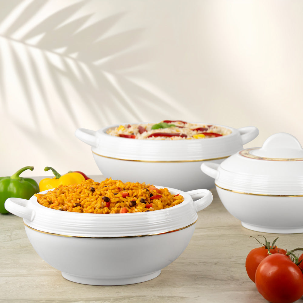 Ambiente Insulated Hot Pot Set – 3pc Small Thermal Casserole (1.2L, 1.6L, 2.5L) White