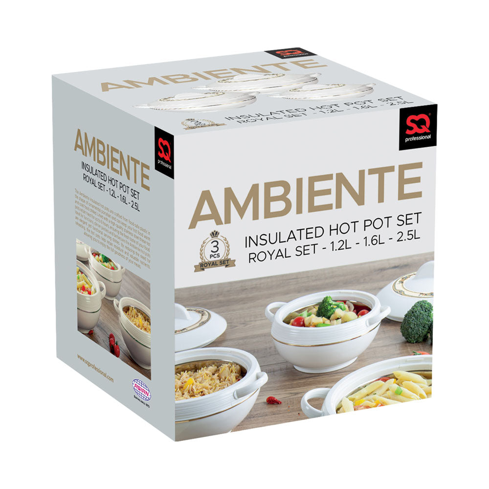Ambiente Insulated Hot Pot Set – 3pc Small Thermal Casserole (1.2L, 1.6L, 2.5L) White
