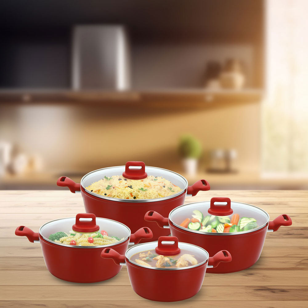 SQ Professional Zoya Stockpot Set 4pc – Non-Stick Cookware with Glass Lids (Red)