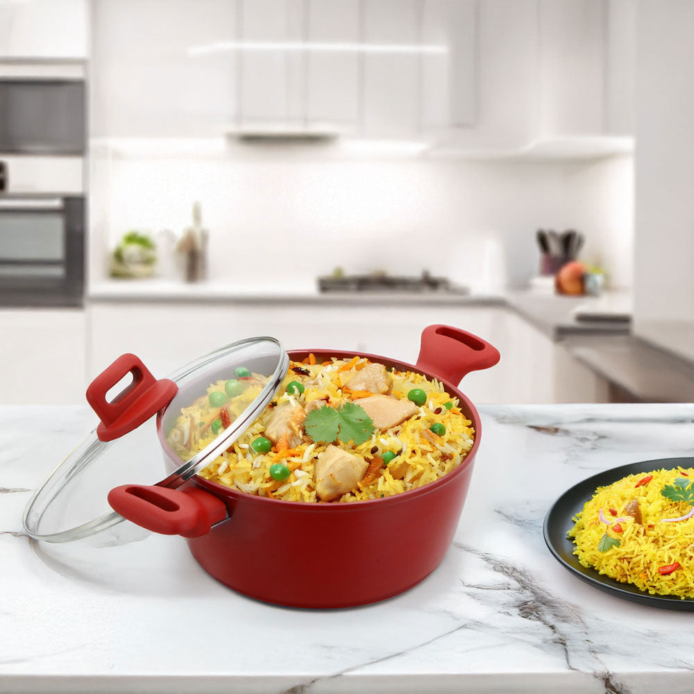 SQ Professional Zoya Stockpot Set 4pc – Non-Stick Cookware with Glass Lids (Red)