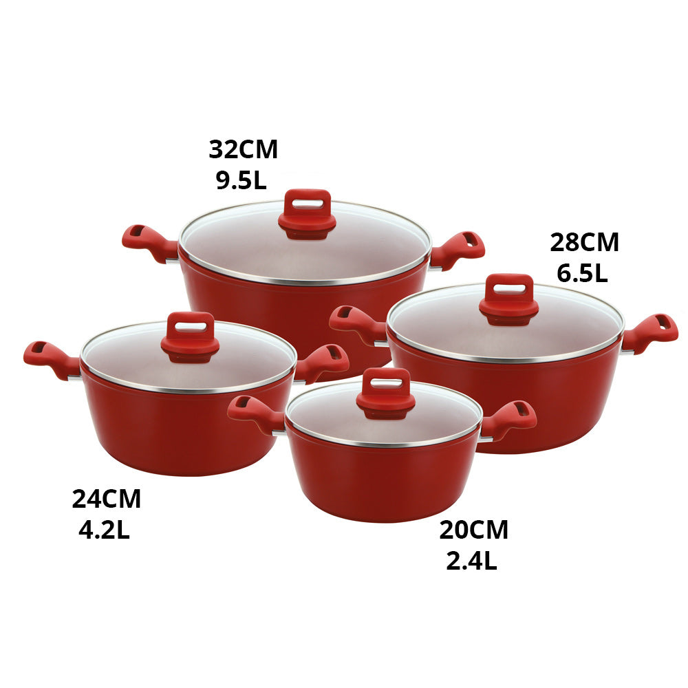 SQ Professional Zoya Stockpot Set 4pc – Non-Stick Cookware with Glass Lids (Red)