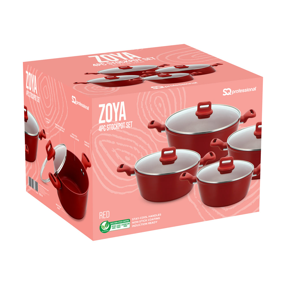 SQ Professional Zoya Stockpot Set 4pc – Non-Stick Cookware with Glass Lids (Red)