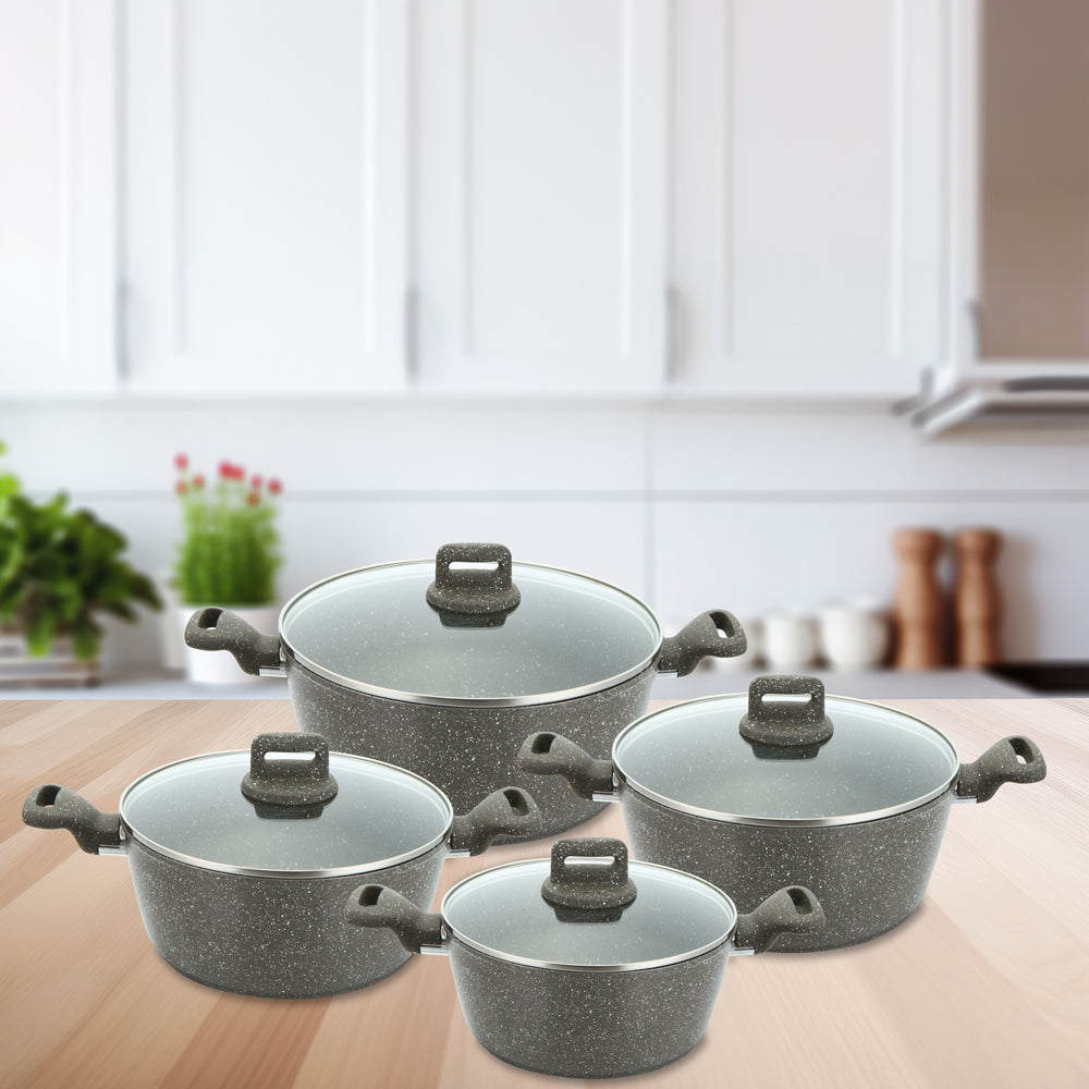 Zoya Stockpot Set 4pc Marbled Grey | Forged Aluminium Non-Stick Cookware with Lids