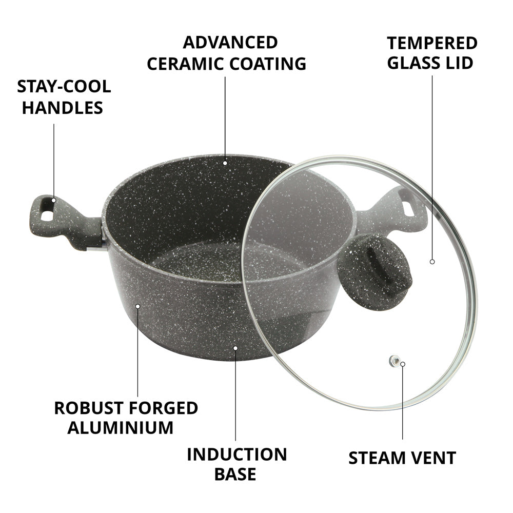 Zoya Stockpot Set 4pc Marbled Grey | Forged Aluminium Non-Stick Cookware with Lids