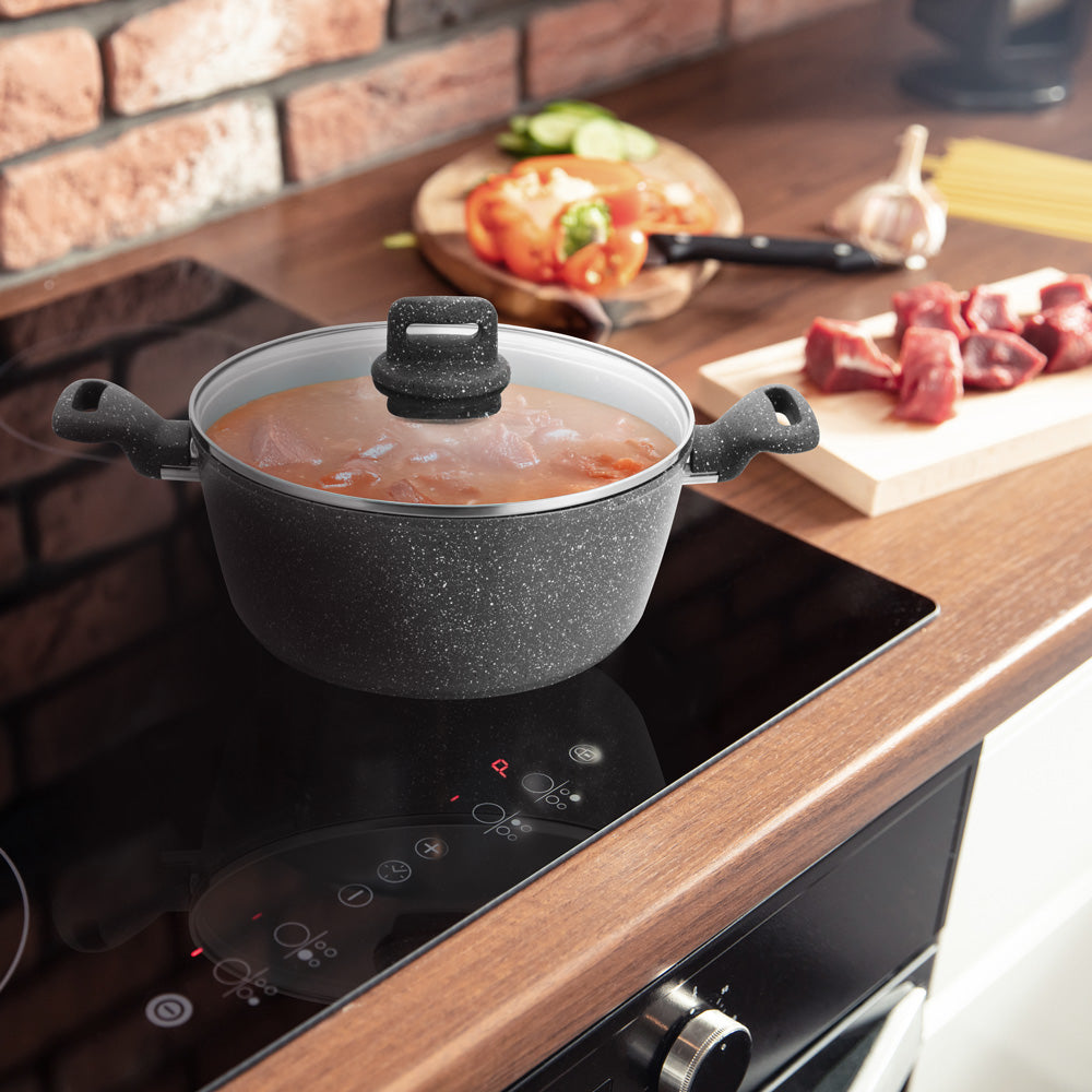 Zoya Stockpot Set 4pc Marbled Grey | Forged Aluminium Non-Stick Cookware with Lids