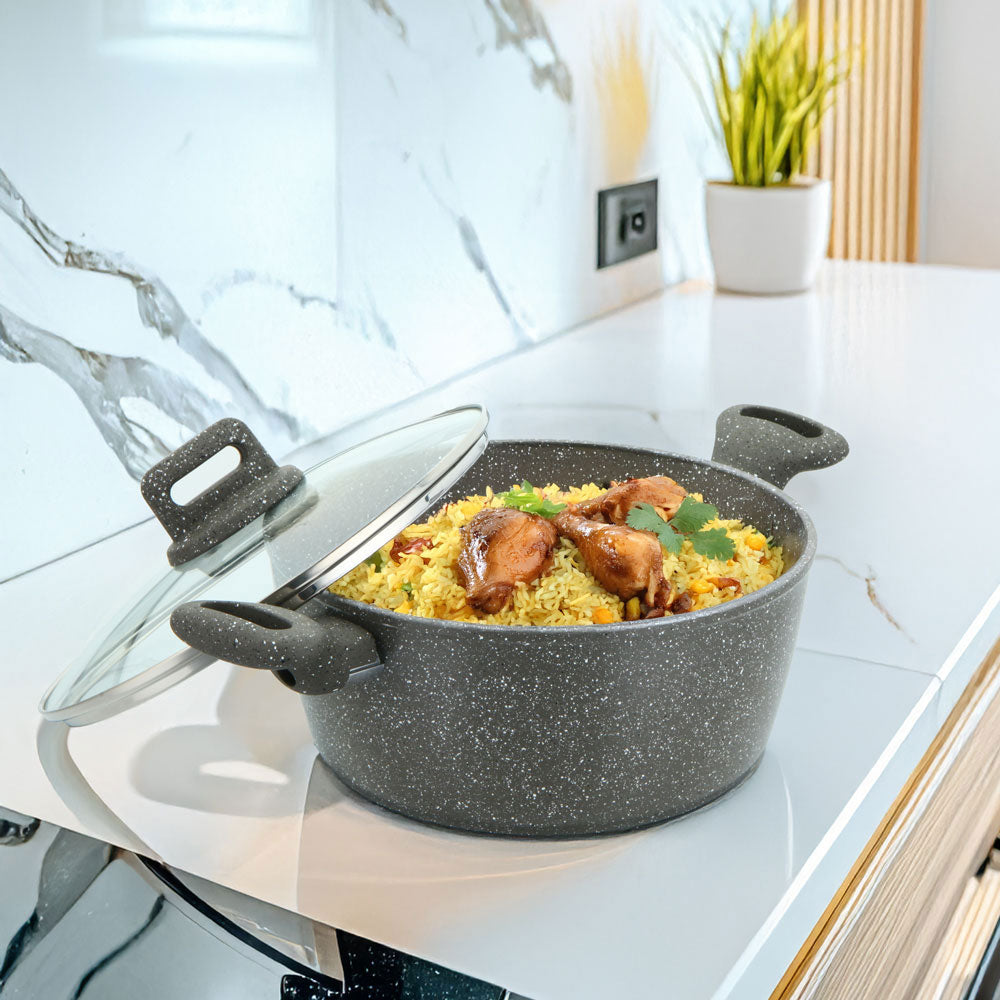 Zoya Stockpot Set 4pc Marbled Grey | Forged Aluminium Non-Stick Cookware with Lids