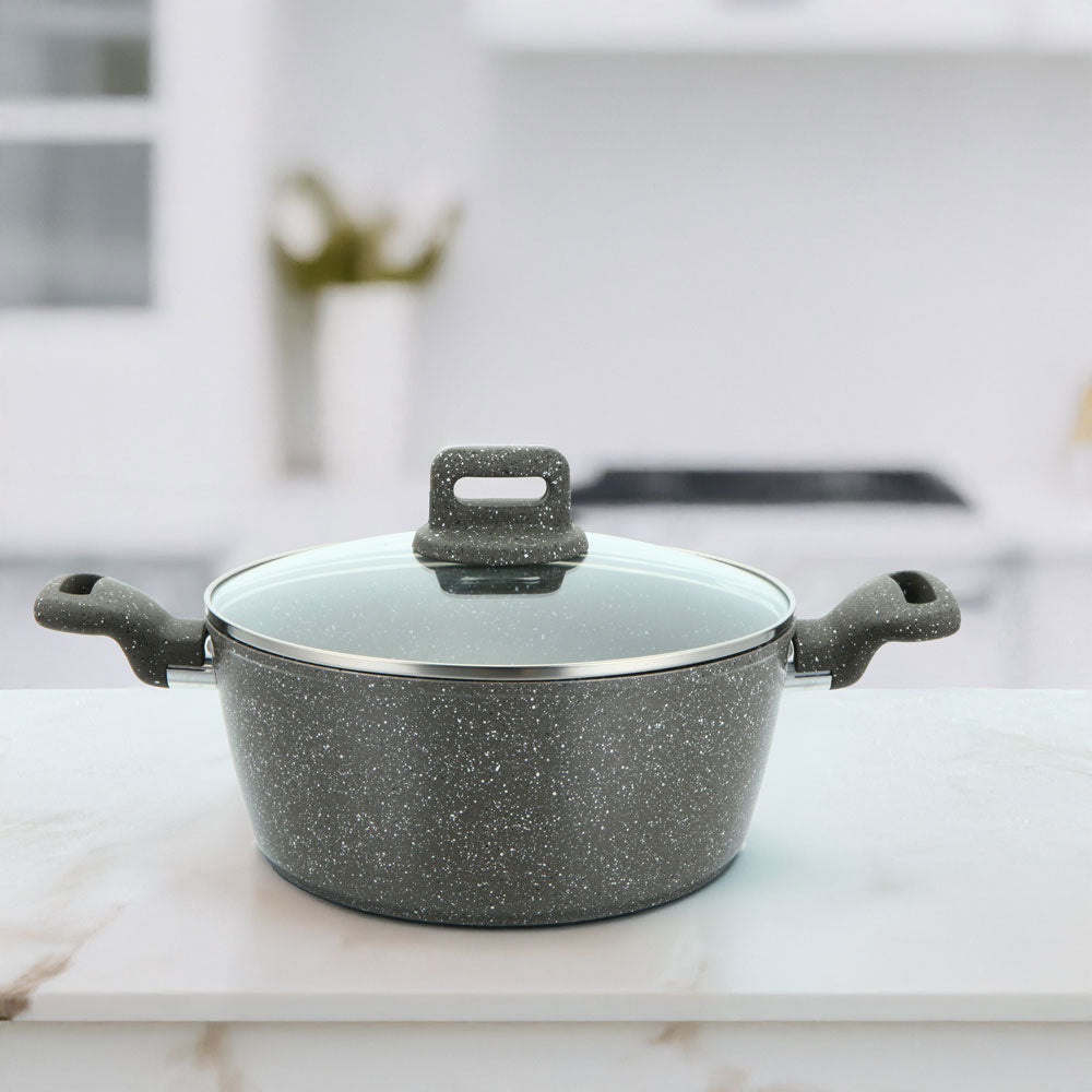 Zoya Stockpot Set 4pc Marbled Grey | Forged Aluminium Non-Stick Cookware with Lids
