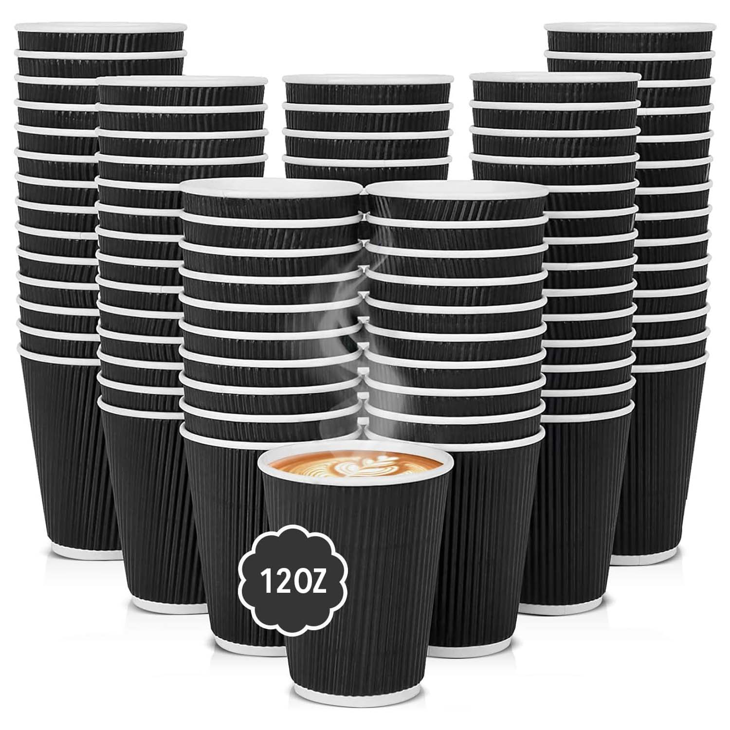 12oz Ripple Wall Disposable Paper Coffee Cups 100 Pack – Black Insulated Hot Cups for Tea, Coffee & Hot Drinks – Recyclable Takeaway Cups for Home, Office, Cafés & Catering