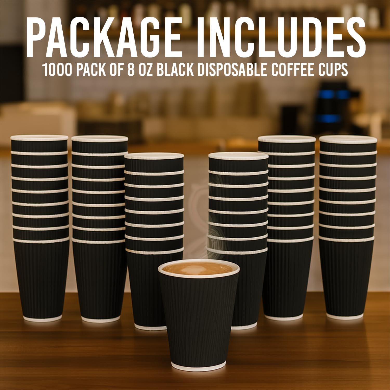 12oz Ripple Wall Disposable Paper Coffee Cups 100 Pack – Black Insulated Hot Cups for Tea, Coffee & Hot Drinks – Recyclable Takeaway Cups for Home, Office, Cafés & Catering