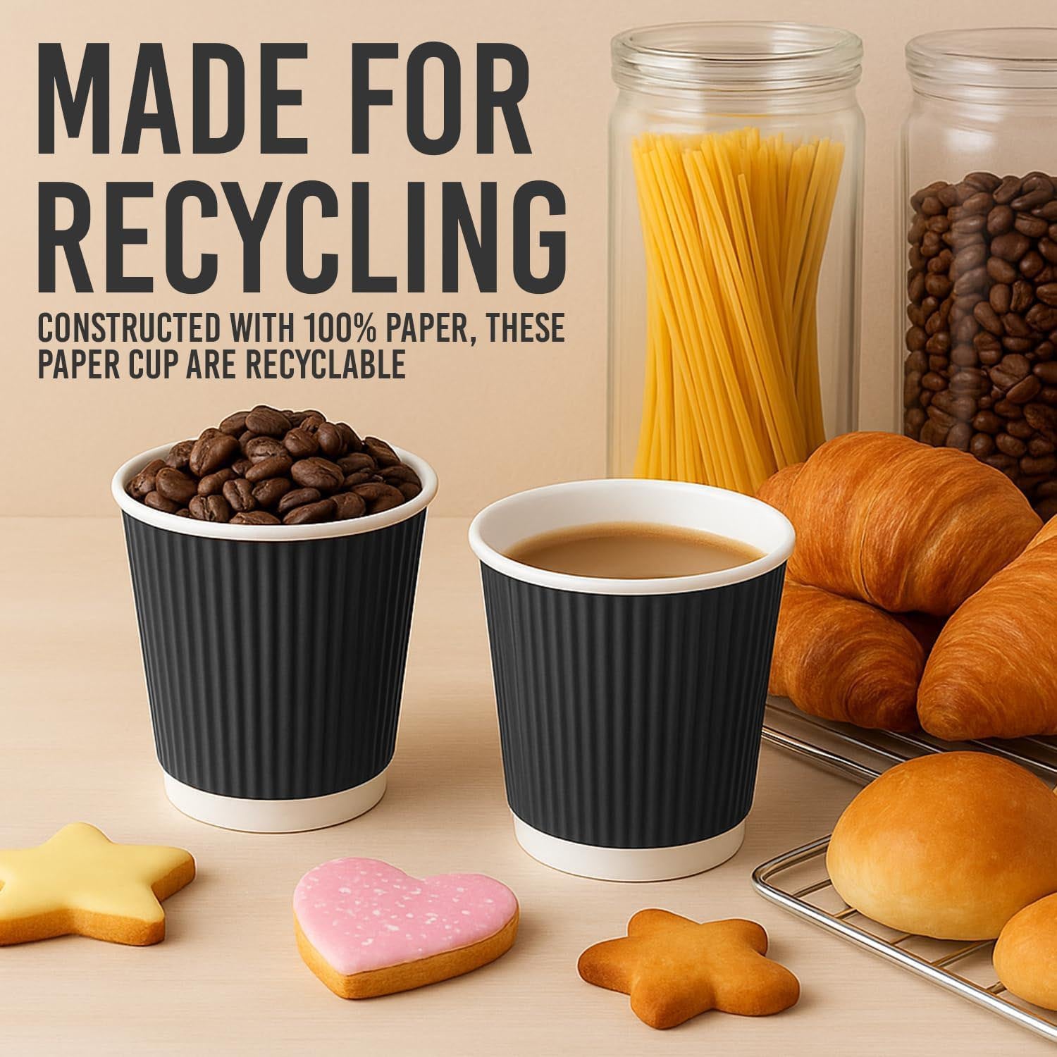 12oz Ripple Wall Disposable Paper Coffee Cups 100 Pack – Black Insulated Hot Cups for Tea, Coffee & Hot Drinks – Recyclable Takeaway Cups for Home, Office, Cafés & Catering