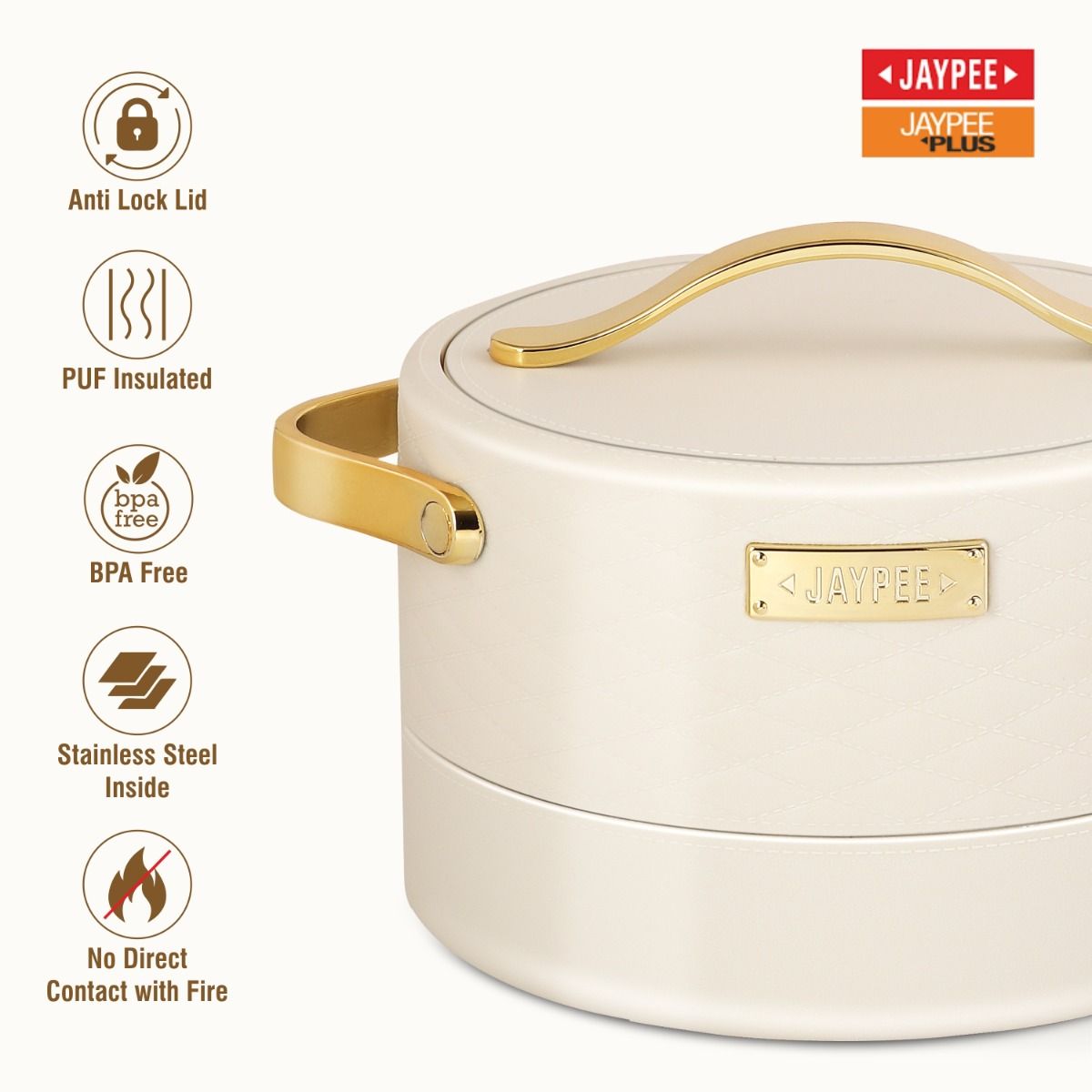 Jaypee Luxura Stainless Steel Casserole Set of 3 – Insulated Hot Pot Set for Serving - Beige