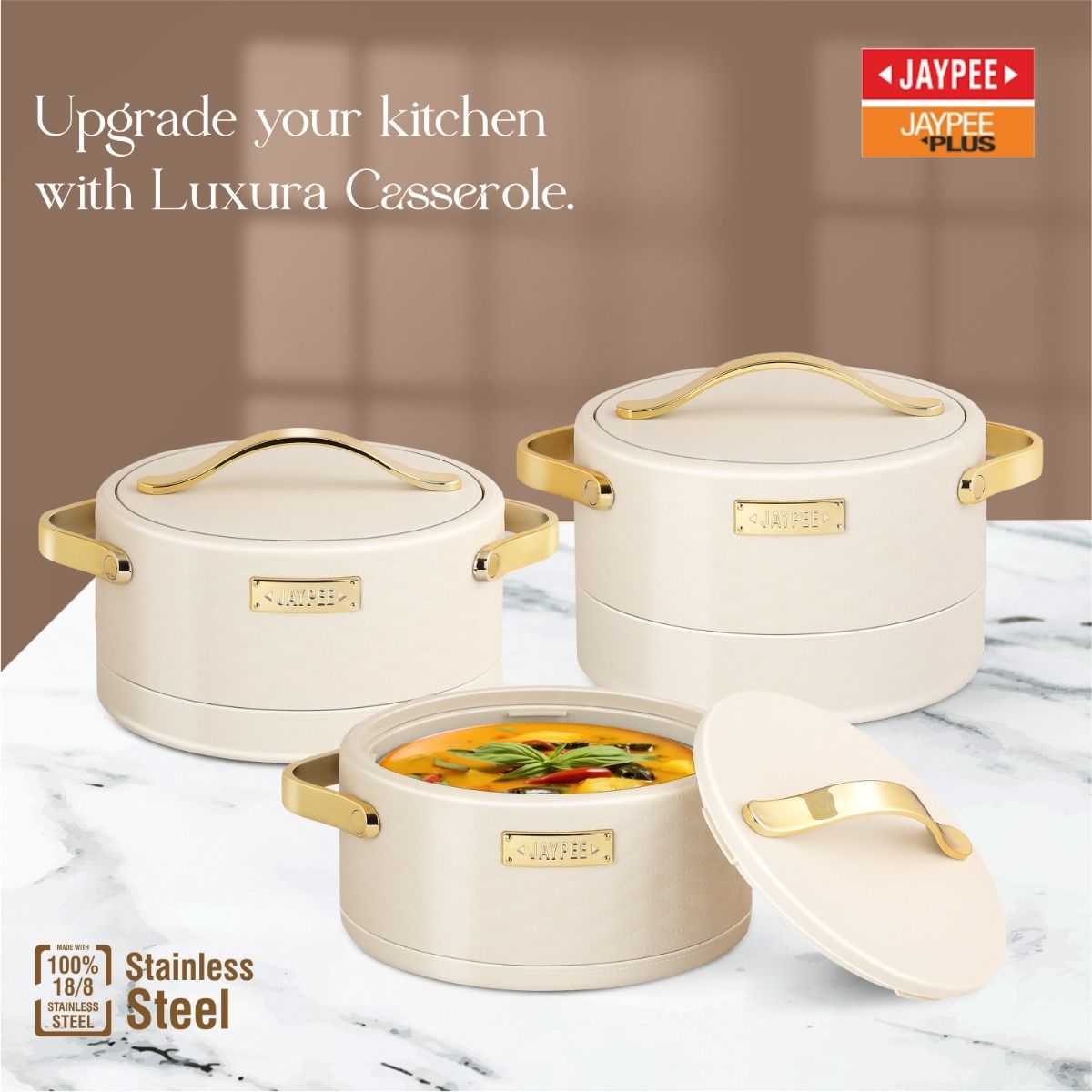 Jaypee Luxura Stainless Steel Casserole Set of 3 – Insulated Hot Pot Set for Serving - Beige