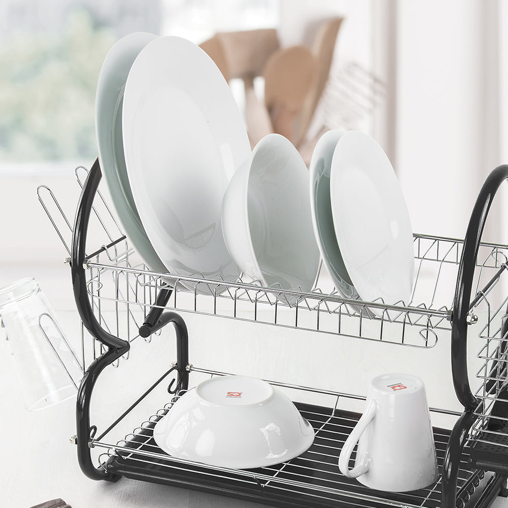Dish Drainer Black 2 Tier with Glass Holder & Drip Tray