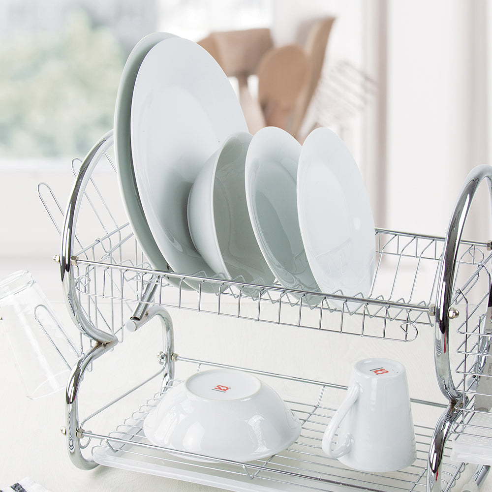 Stainless Steel Dish Drainer with Cutlery Holder & Drip Tray – Chrome