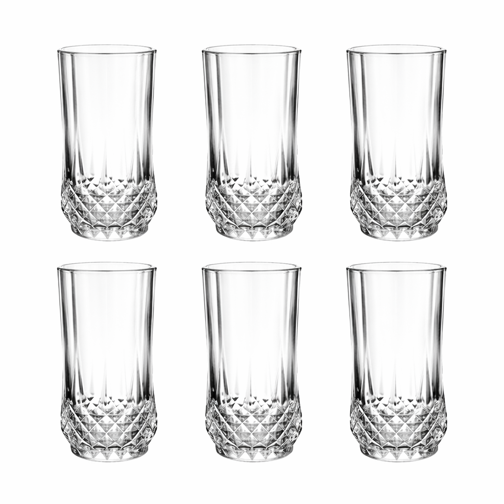 Clear cut-glass tall tumbler with textured diamond base, 250 ml capacity, suitable for water, juice, and soft drinks