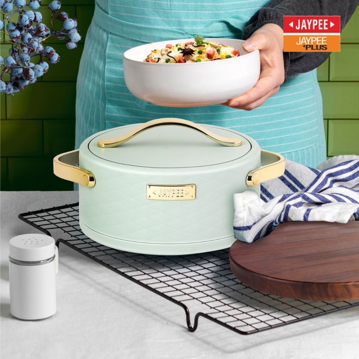 Jaypee Luxura Stainless Steel Casserole Set of 3 – Premium Insulated Hot Pot Set - Pista Green