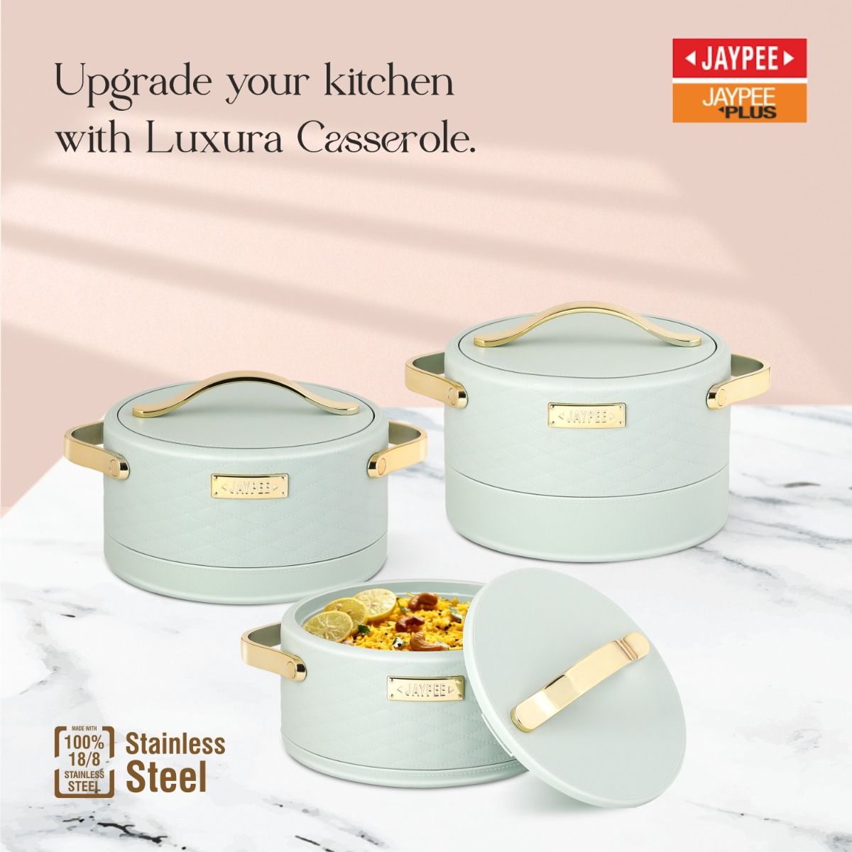 Jaypee Luxura Stainless Steel Casserole Set of 3 – Premium Insulated Hot Pot Set - Pista Green