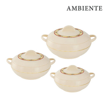 Three cream-colored ceramic pots with gold accents on a white background, featuring the brand 'Ambiente'.