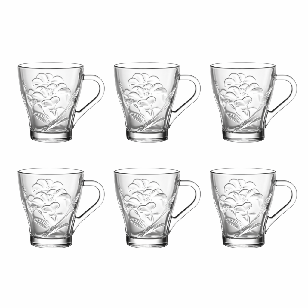 Set of six clear glass mugs with floral etching on a white background