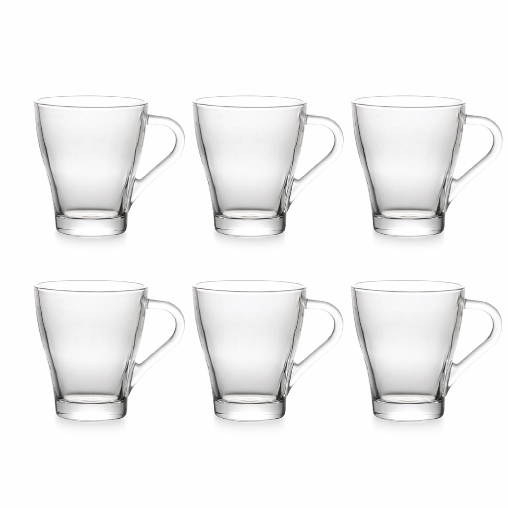 Set of six clear glass mugs on a white background
