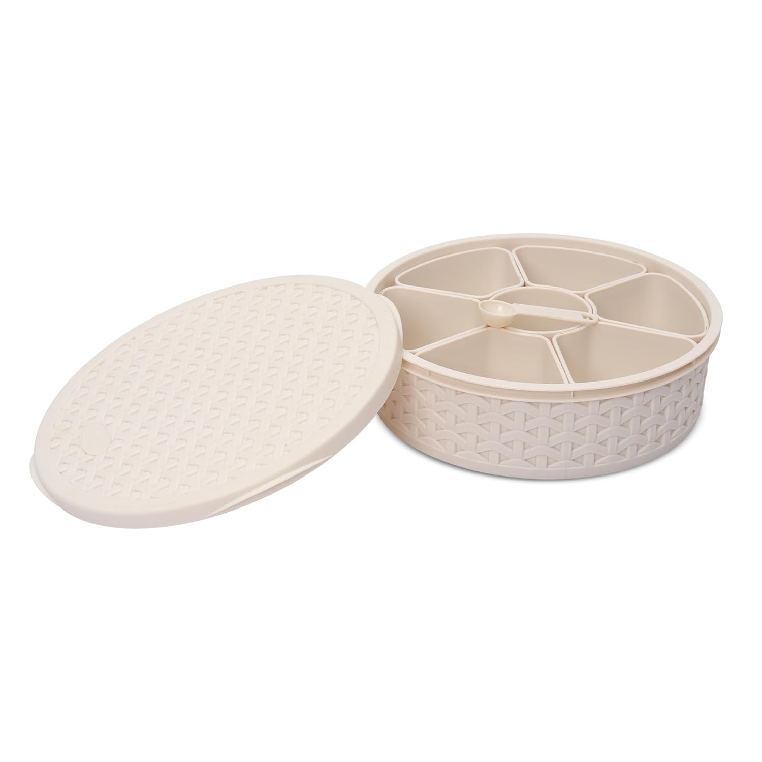 Jaypee 7-Compartment Airtight Masala Dabba Spice Box with Spoon – Knitted Design (Ivory, 1.2L)