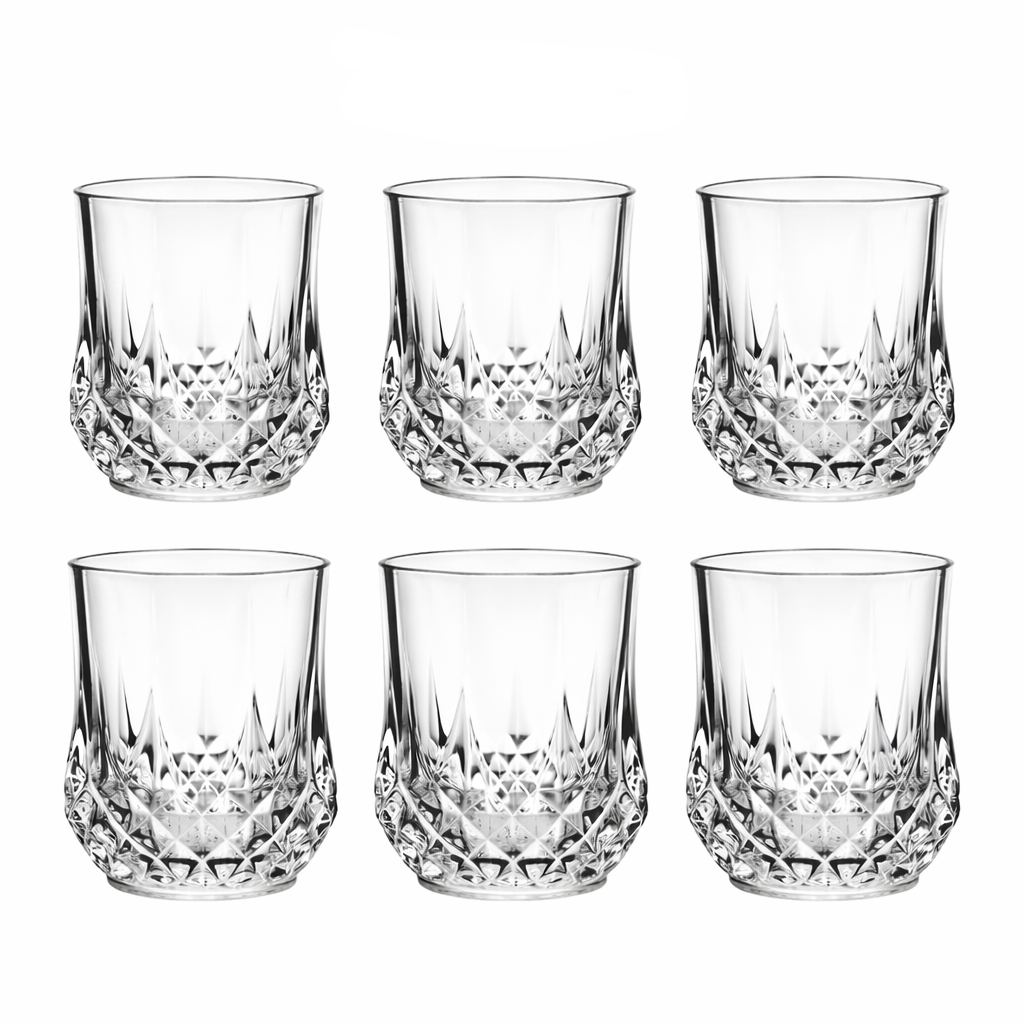 Set of 6 clear cut-glass tumblers with diamond pattern base, 290 ml capacity, ideal for water, juice, and whiskey