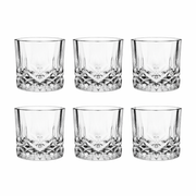 Set of 6 clear cut-glass whiskey tumblers with diamond-pattern base, suitable for water, juice, and spirits.