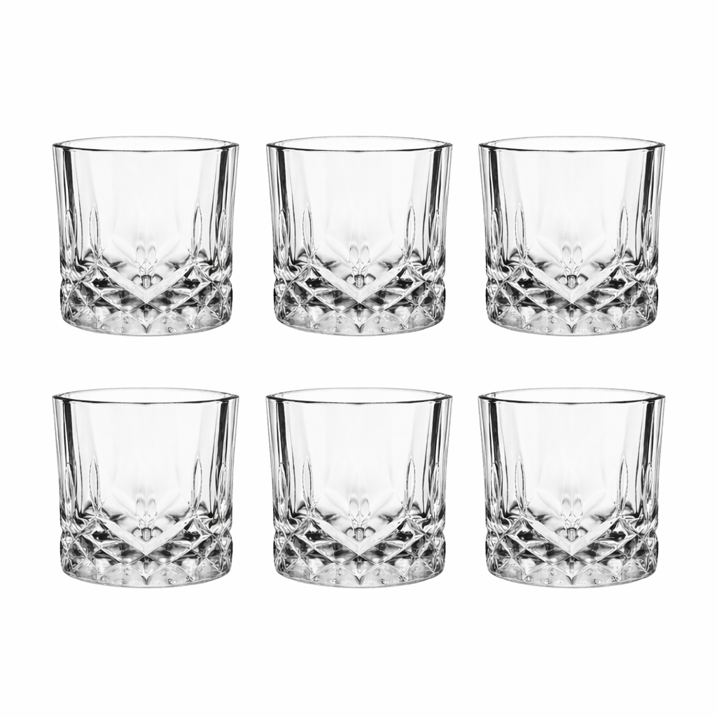 Set of 6 clear cut-glass whiskey tumblers with diamond-pattern base, suitable for water, juice, and spirits.