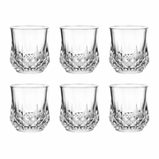 Set of 6 transparent cut-glass tumblers with geometric textured base, suitable for water, juice, and whiskey.