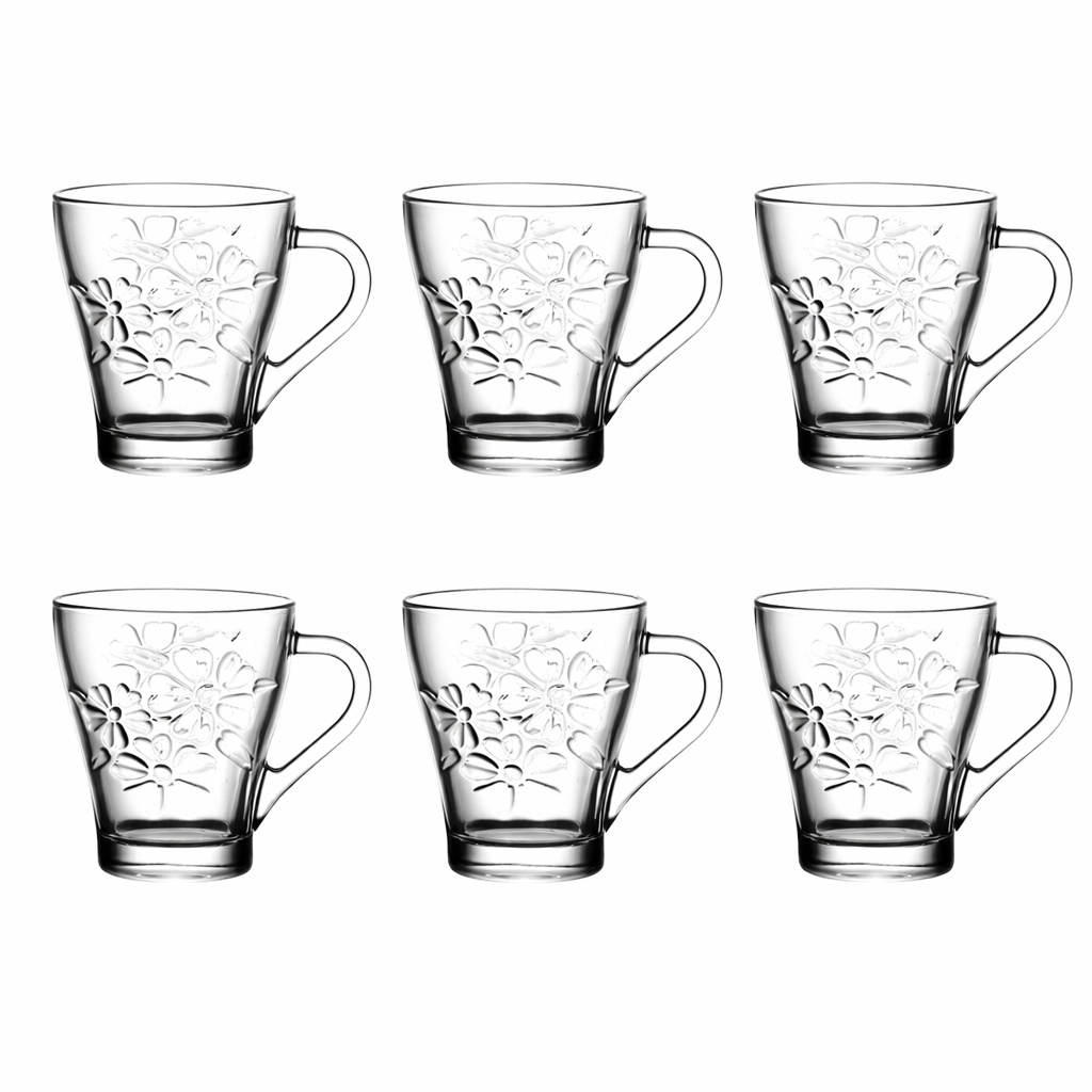 Set of 6 transparent glass tea and coffee mugs with embossed floral design and clear handle, suitable for hot beverages
