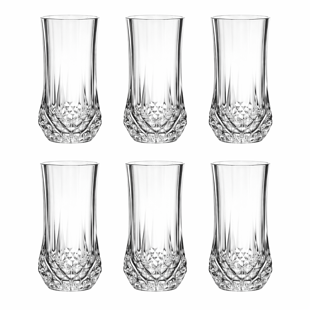 Set of 6 clear tall cut-glass tumblers with diamond-pattern base, suitable for water, juice, and cold beverages