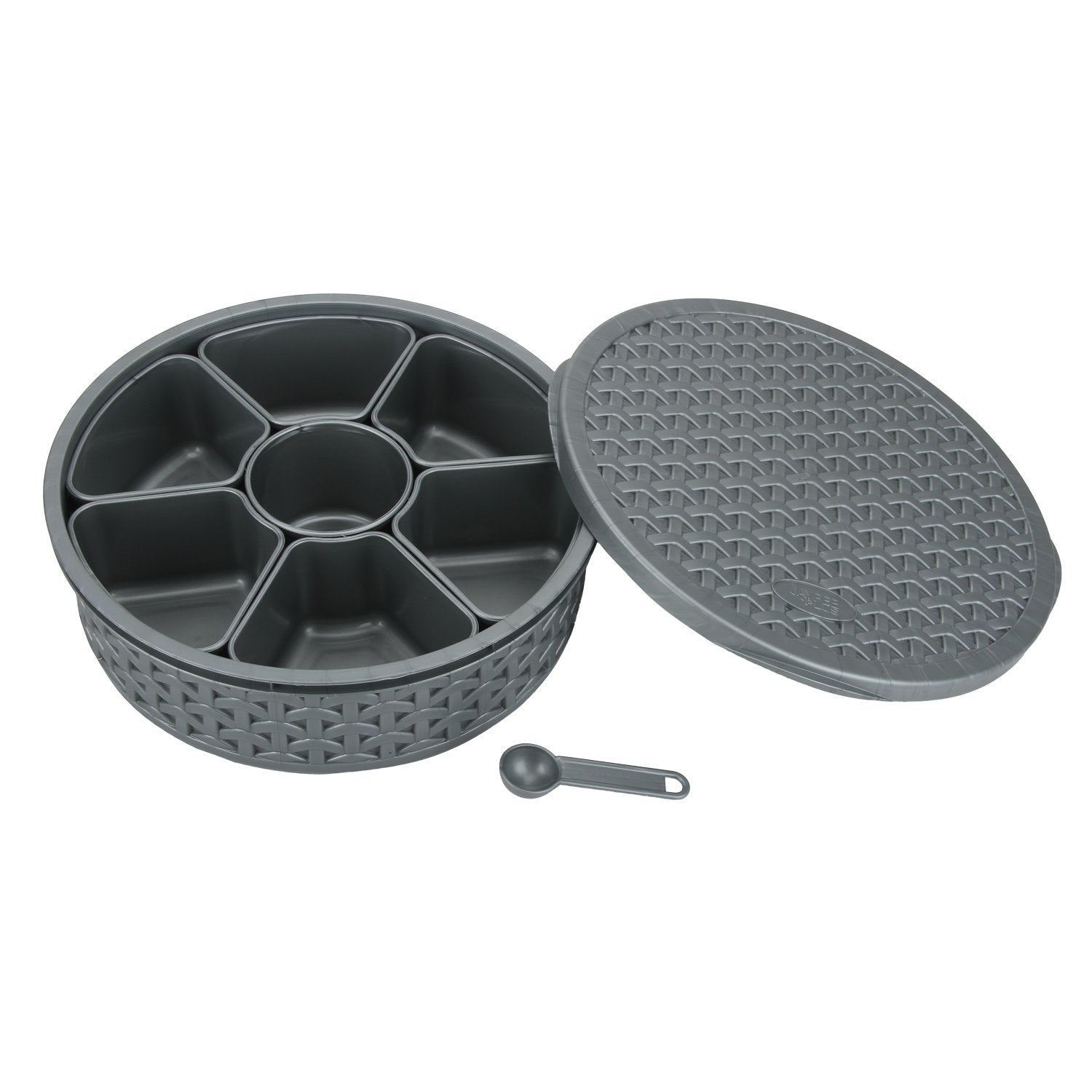 Jaypee Plus 7 compartment airtight spice box with spoon in silver colour made from BPA free plastic