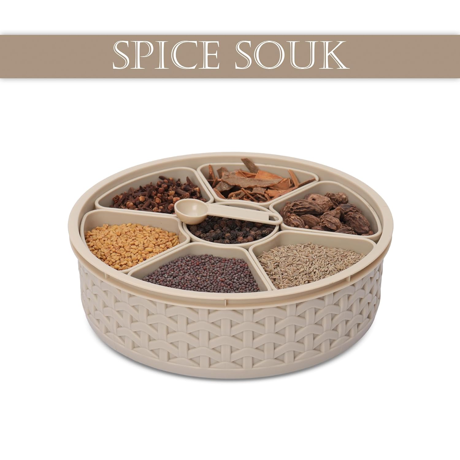 Jaypee Plus Spice Souk Airtight Masala Dabba – 7-Compartment Kitchen Spice Organizer with Spoon | BPA-Free Plastic, Knitted Design (Beige)