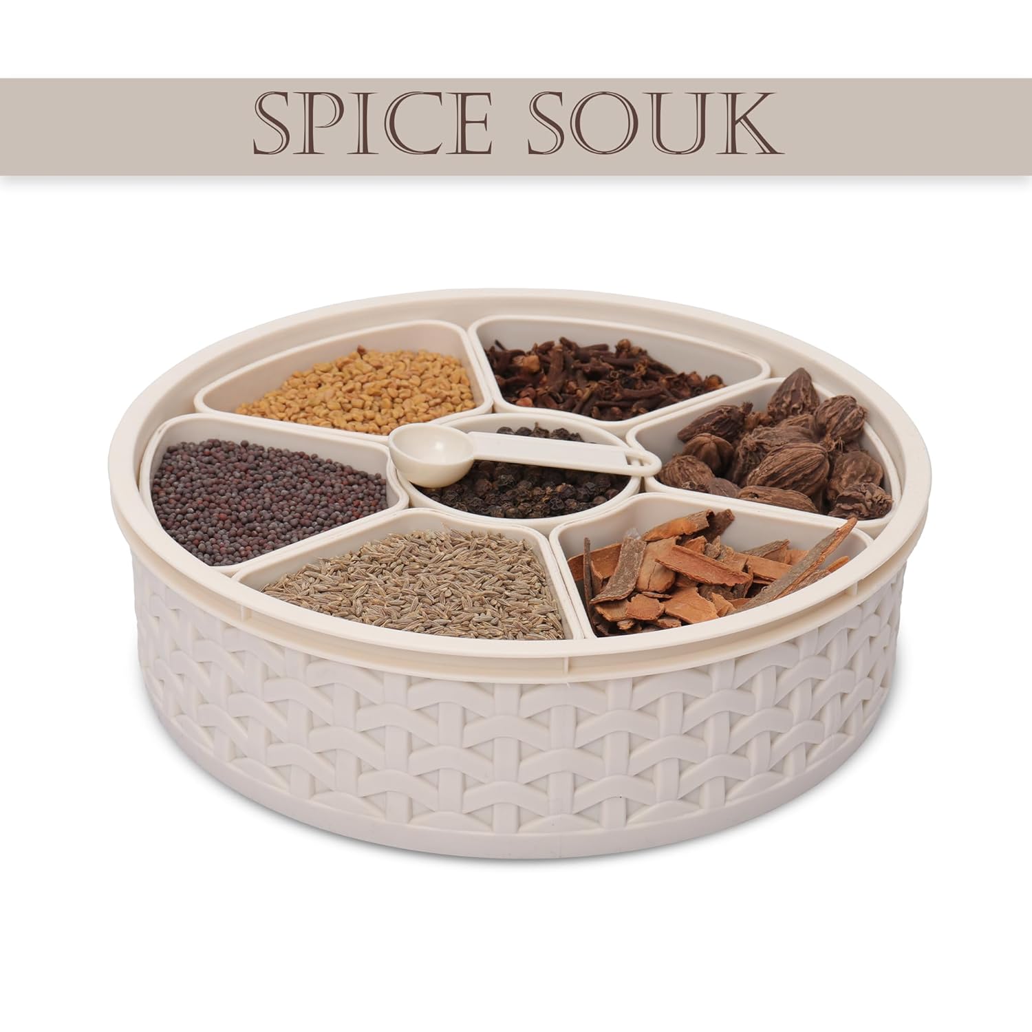 Jaypee 7-Compartment Airtight Masala Dabba Spice Box with Spoon – Knitted Design (Ivory, 1.2L)