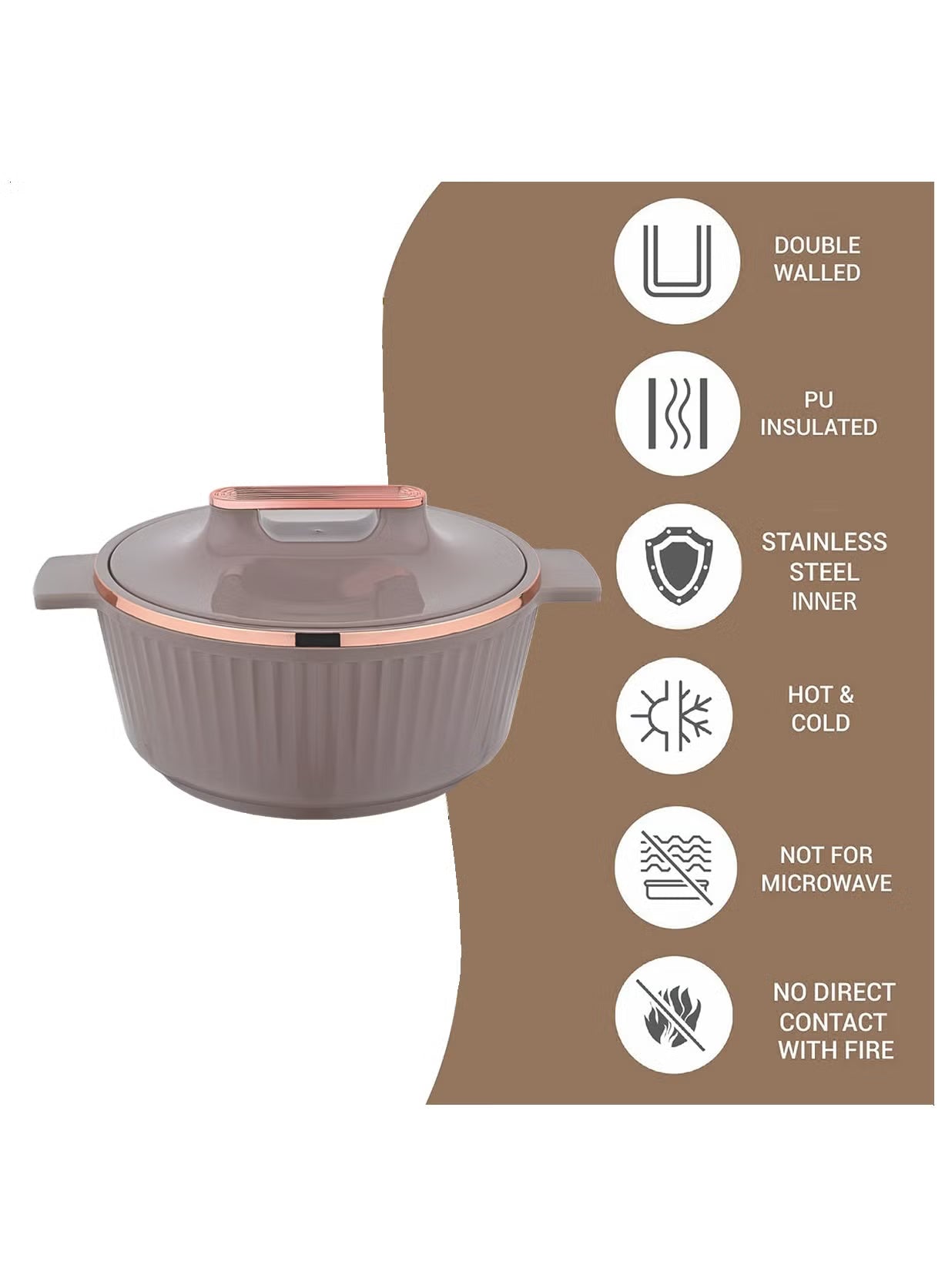 Asian Fancy Insulated Stainless Steel Hot Pot 3500ml – Thermal Serving Casserole with Locking Lid (Taupe Brown)