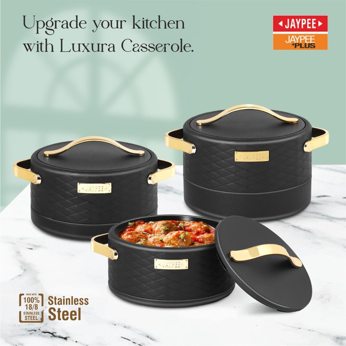 Jaypee Luxura Stainless Steel Insulated Casserole Set of 3 – Black Hot Pot Serveware UK