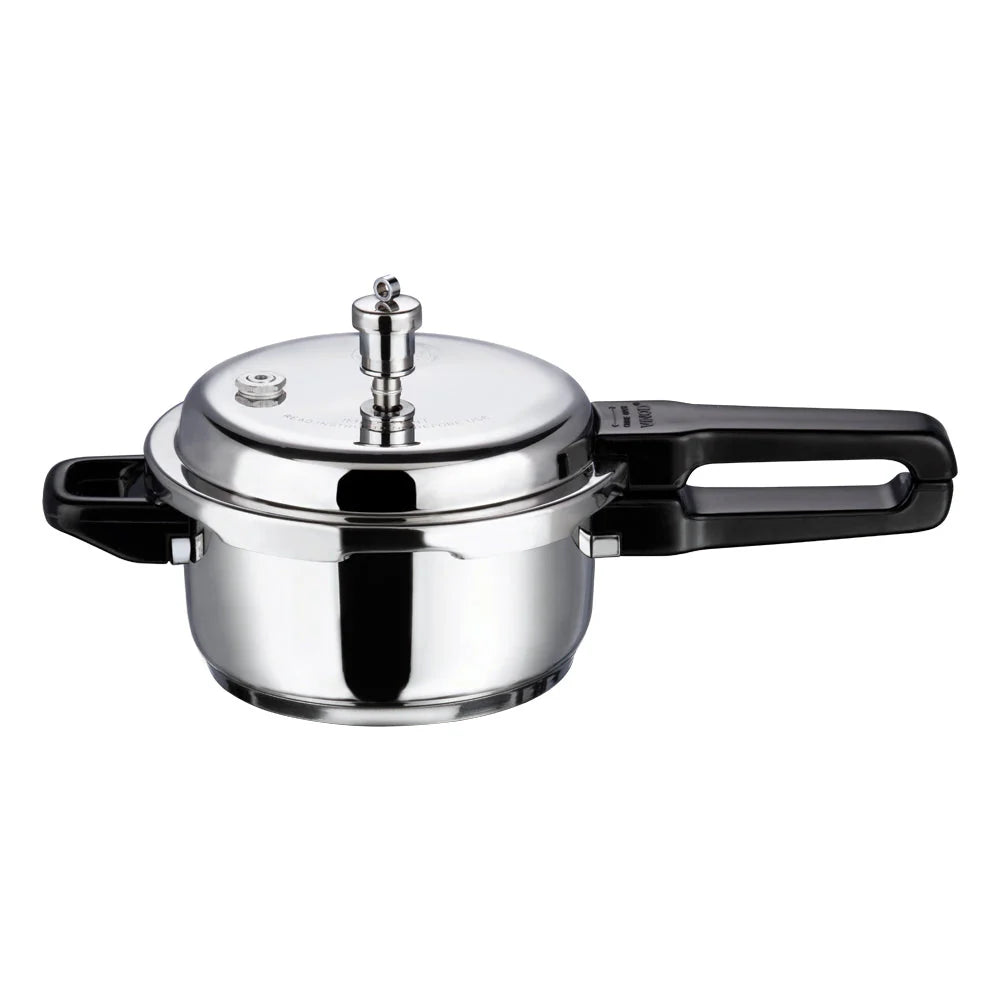 Stainless steel pressure cooker with black handles on a white background