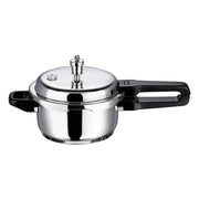 Stainless steel pressure cooker with black handles on a white background