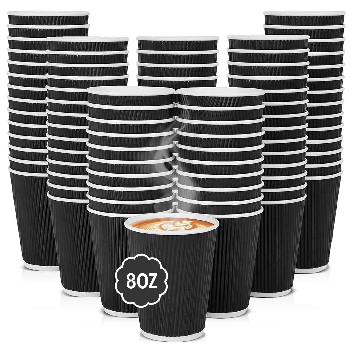 8oz Black Ripple Wall Disposable Paper Coffee Cups 500 Pack Insulated Hot Drink Cups for Tea Coffee Takeaway Cafes Offices and Events