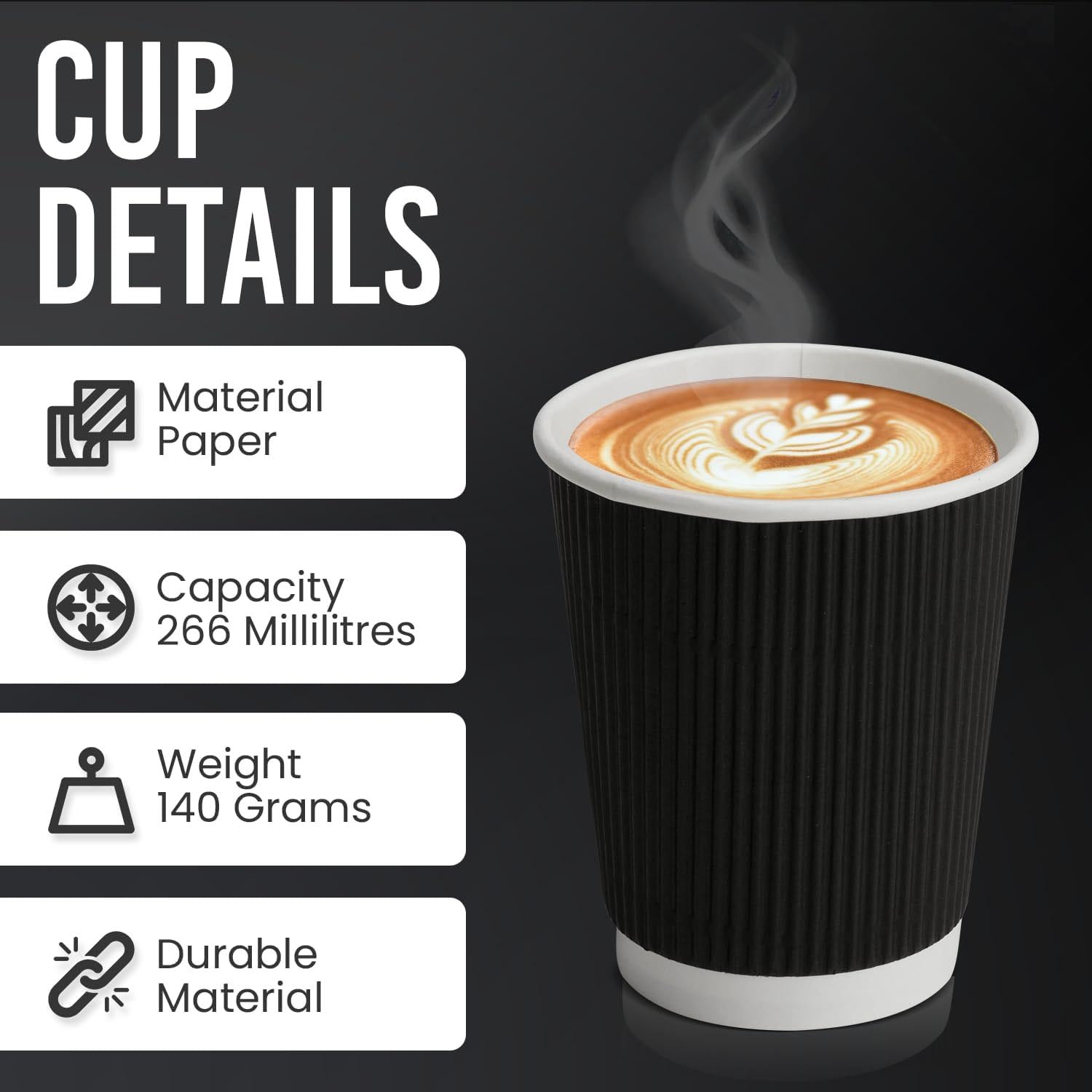 8oz Ripple Wall Disposable Paper Coffee Cups 100 Pack – Black Insulated Hot Cups for Tea, Coffee & Hot Drinks – Recyclable Takeaway Cups for Home, Office & Cafés