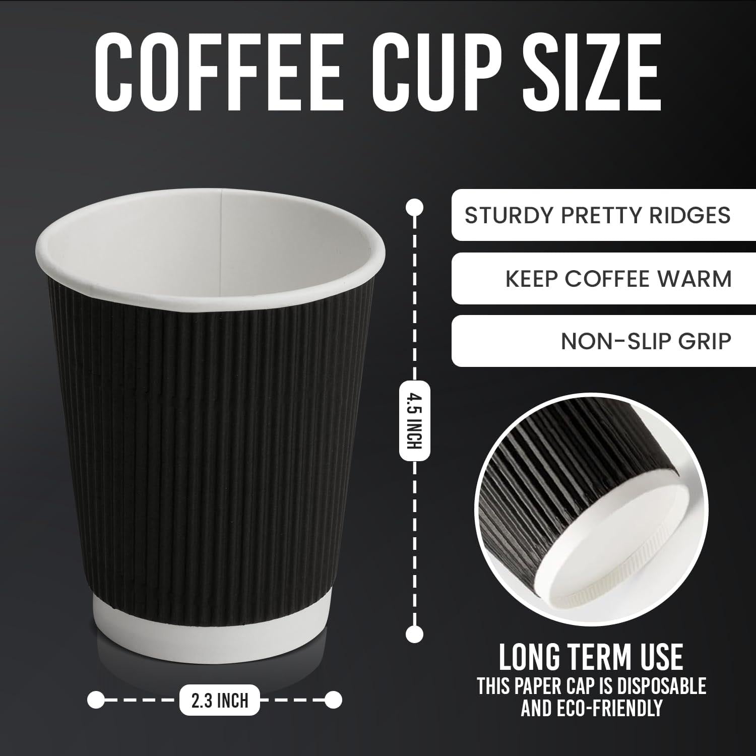 8oz Ripple Wall Disposable Paper Coffee Cups 100 Pack – Black Insulated Hot Cups for Tea, Coffee & Hot Drinks – Recyclable Takeaway Cups for Home, Office & Cafés