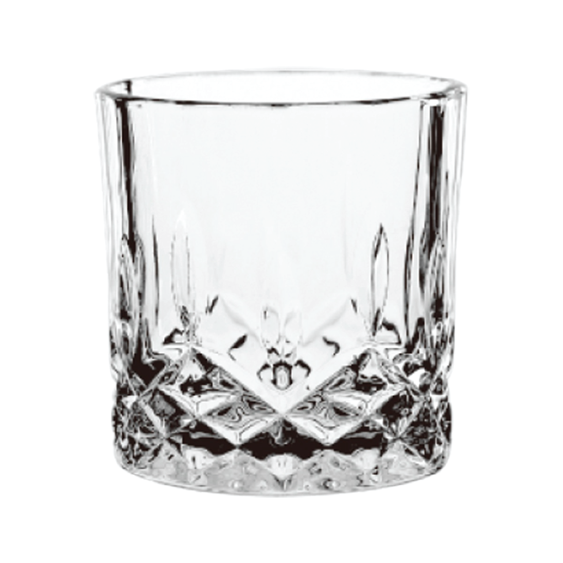 Clear glass with diamond cut pattern on a white background