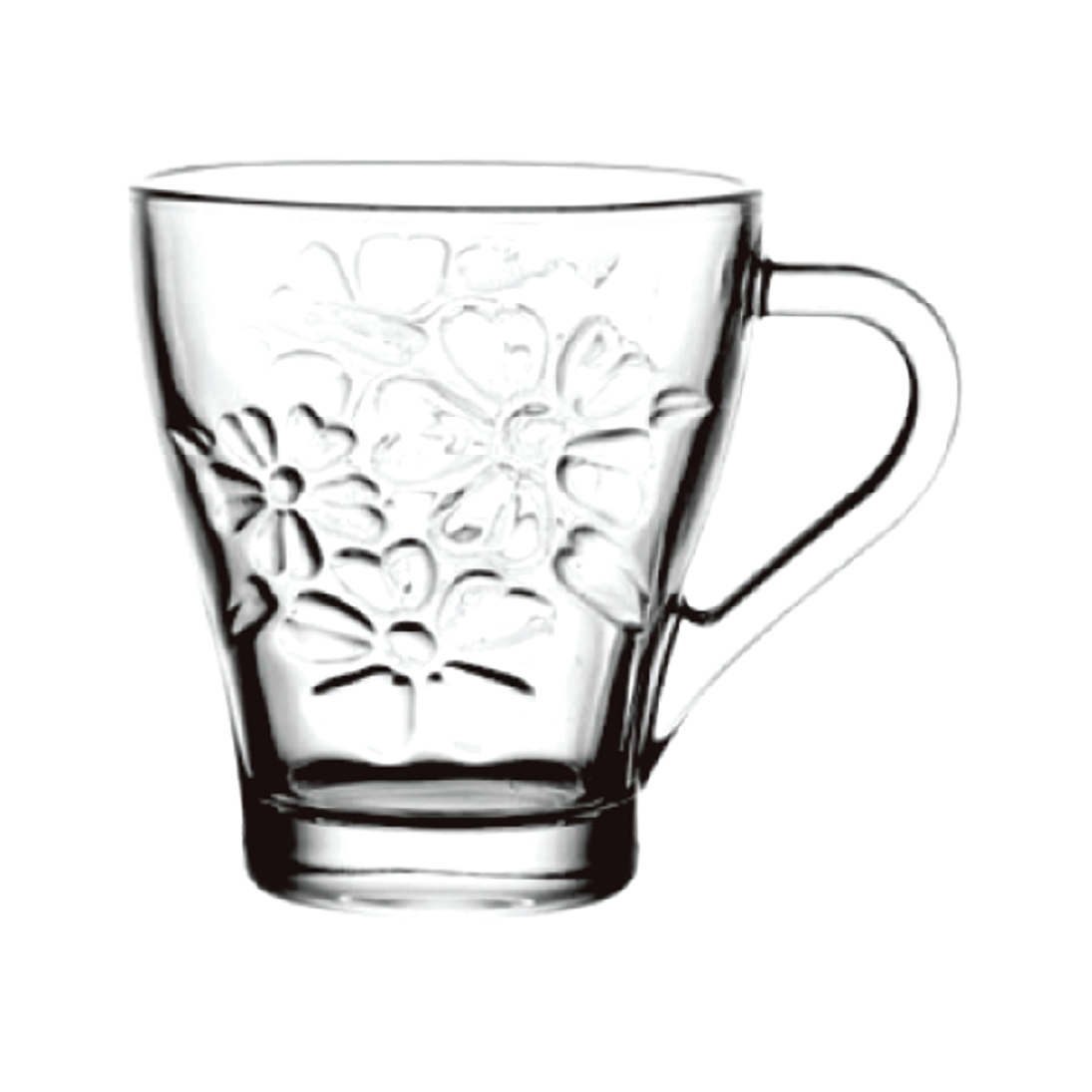 Embossed floral glass mug set of 6 with 270ml capacity made from transparent heat resistant glass