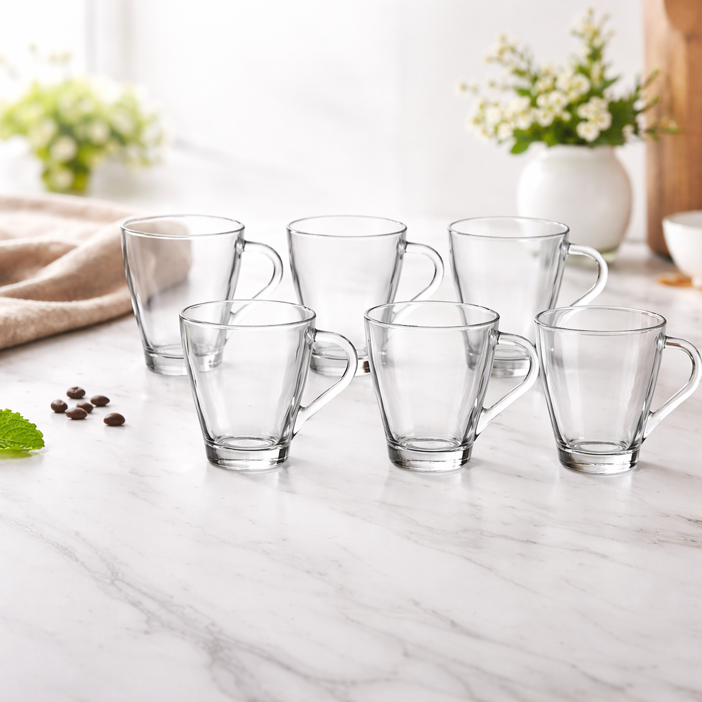 Set of clear glass mugs on a marble surface with a light background