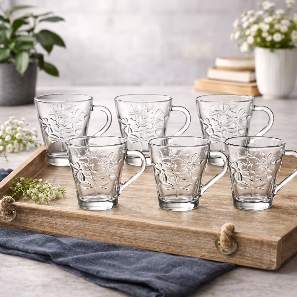 Set of six 270ml tea cups on wooden tray